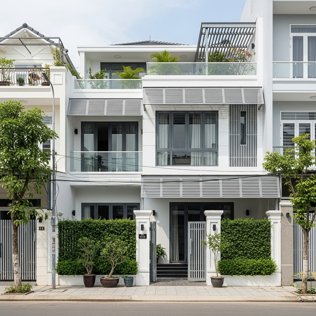 Nhà 2 tầng mái bằng – màu trắng – mặt tiền kín đáo