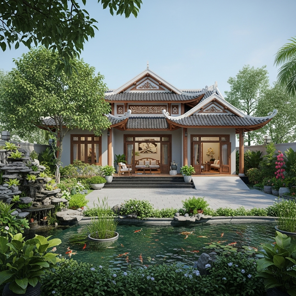 Nhà vườn 1 tầng – sân rộng trước nhà – kết hợp hồ nước