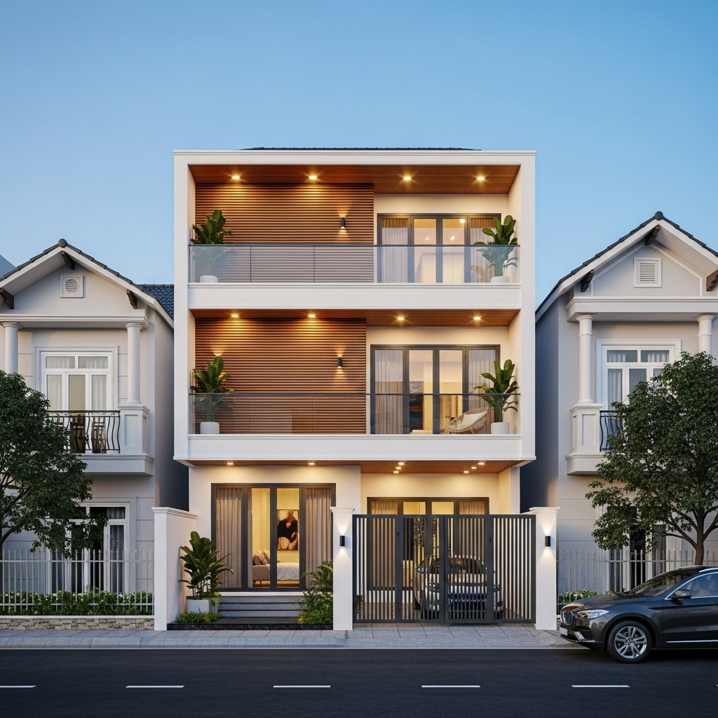 Mẫu mặt tiền nhà phố 2 tầng mái bằng kết hợp lam gỗ – Hiện đại, trẻ trung
