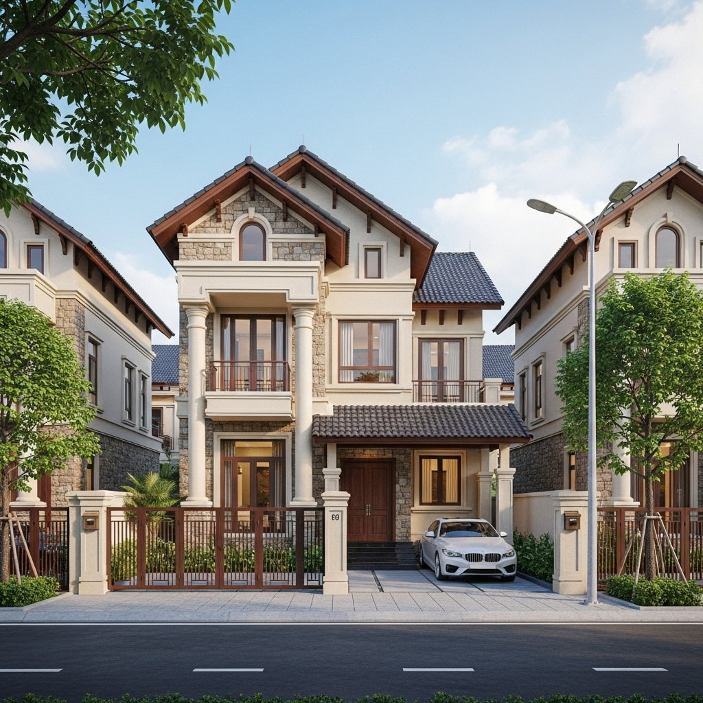 Thiết kế mặt tiền nhà ống 2 tầng giả biệt thự mini – Đẳng cấp nhưng tiết kiệm
