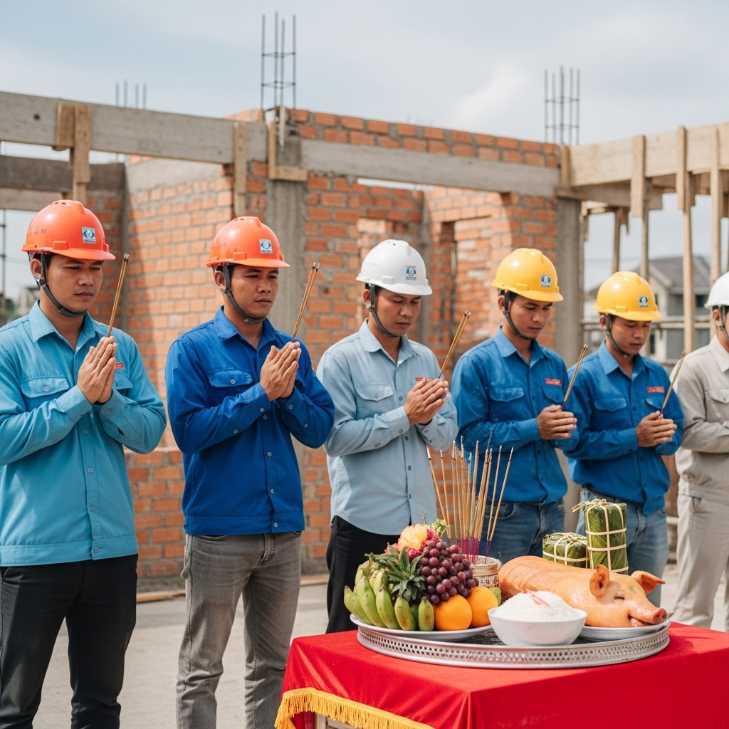 Hình ảnh đội thi công tham gia nghi lễ