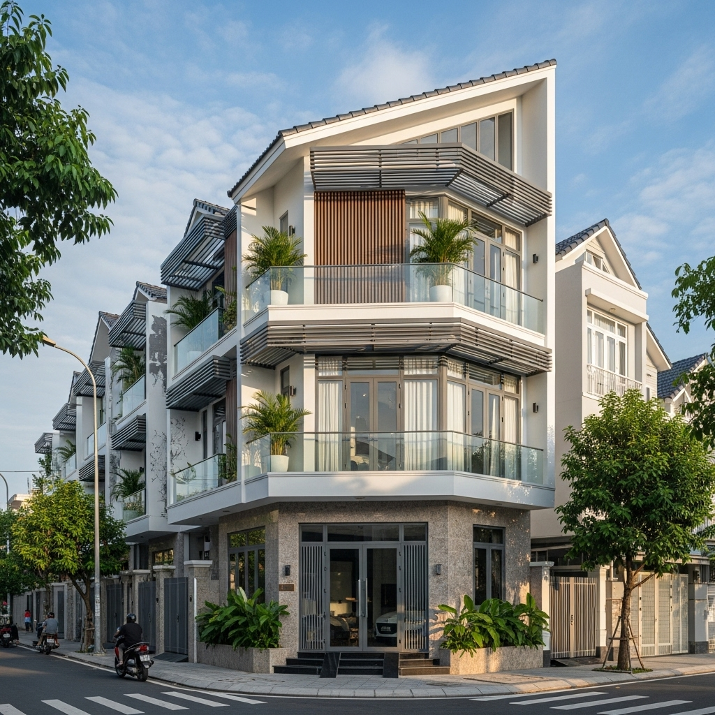 Mẫu 2 – Mặt tiền nhà phố 5m | Nhà 3 tầng mái lệch cá tính