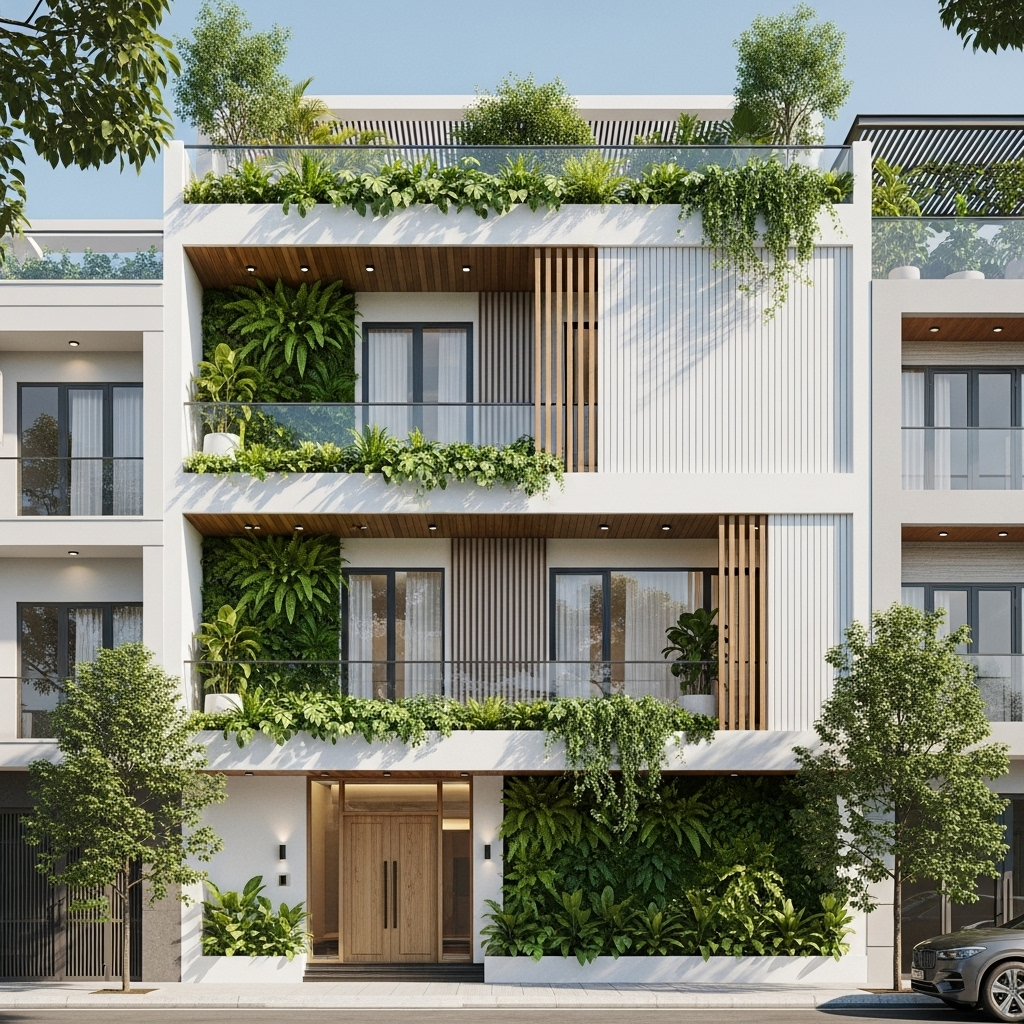 Mẫu 5 – Mặt tiền có ban công cây xanh