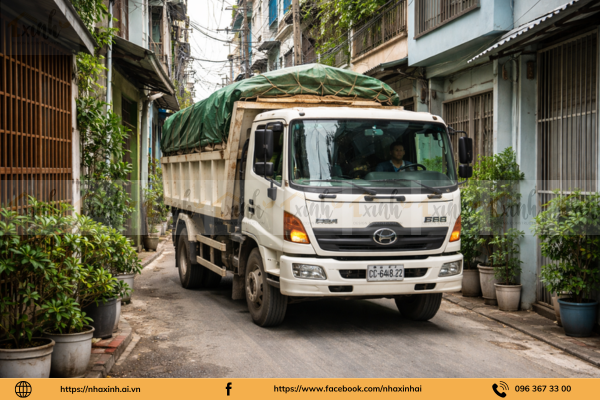 Xe tải chở vật tư vào hẻm nhỏ